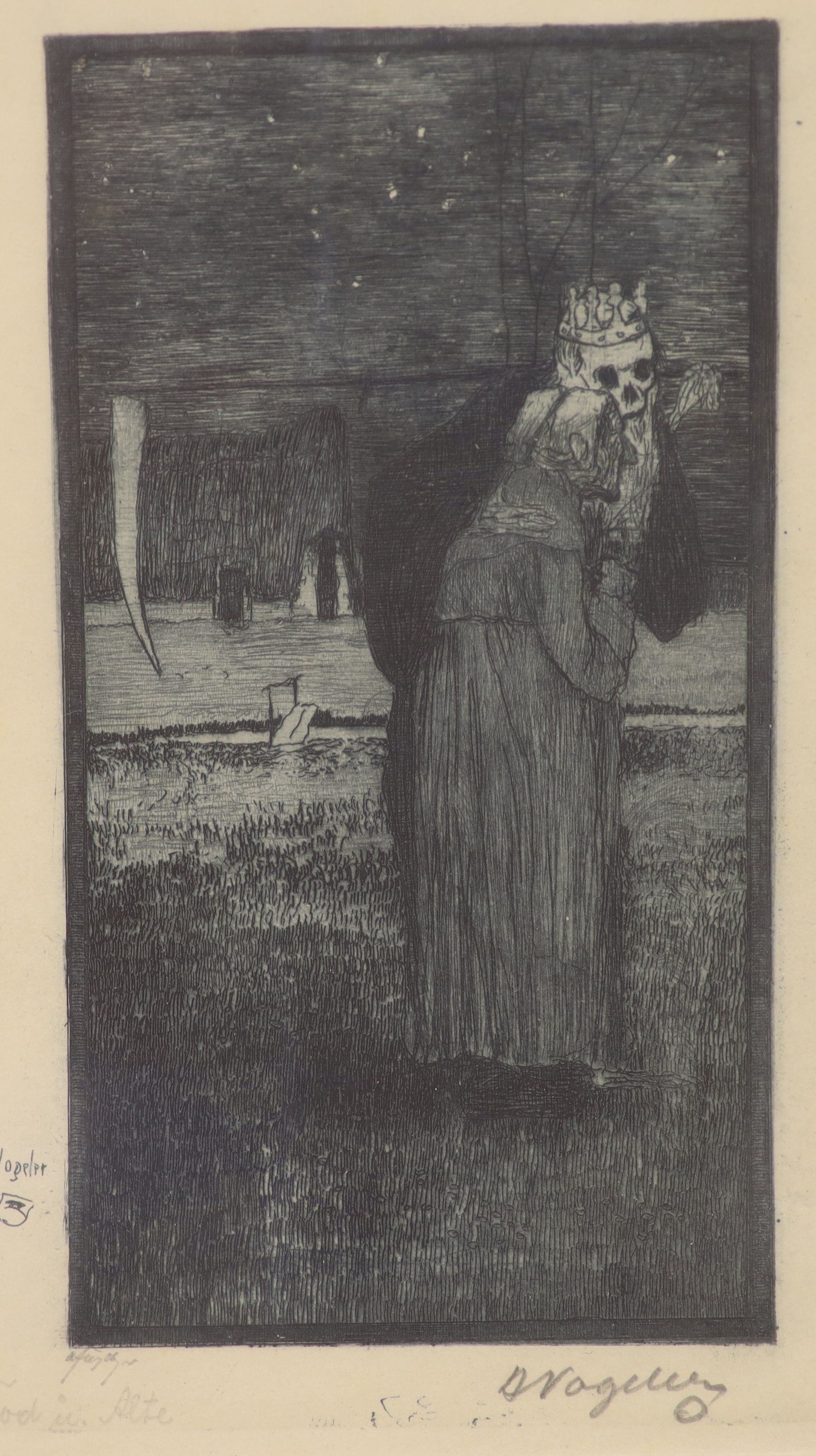 Heinrich Vogeler (1872-1942), etching, Skull and figure, signed in pencil, 14.5 x 8cm, unframed